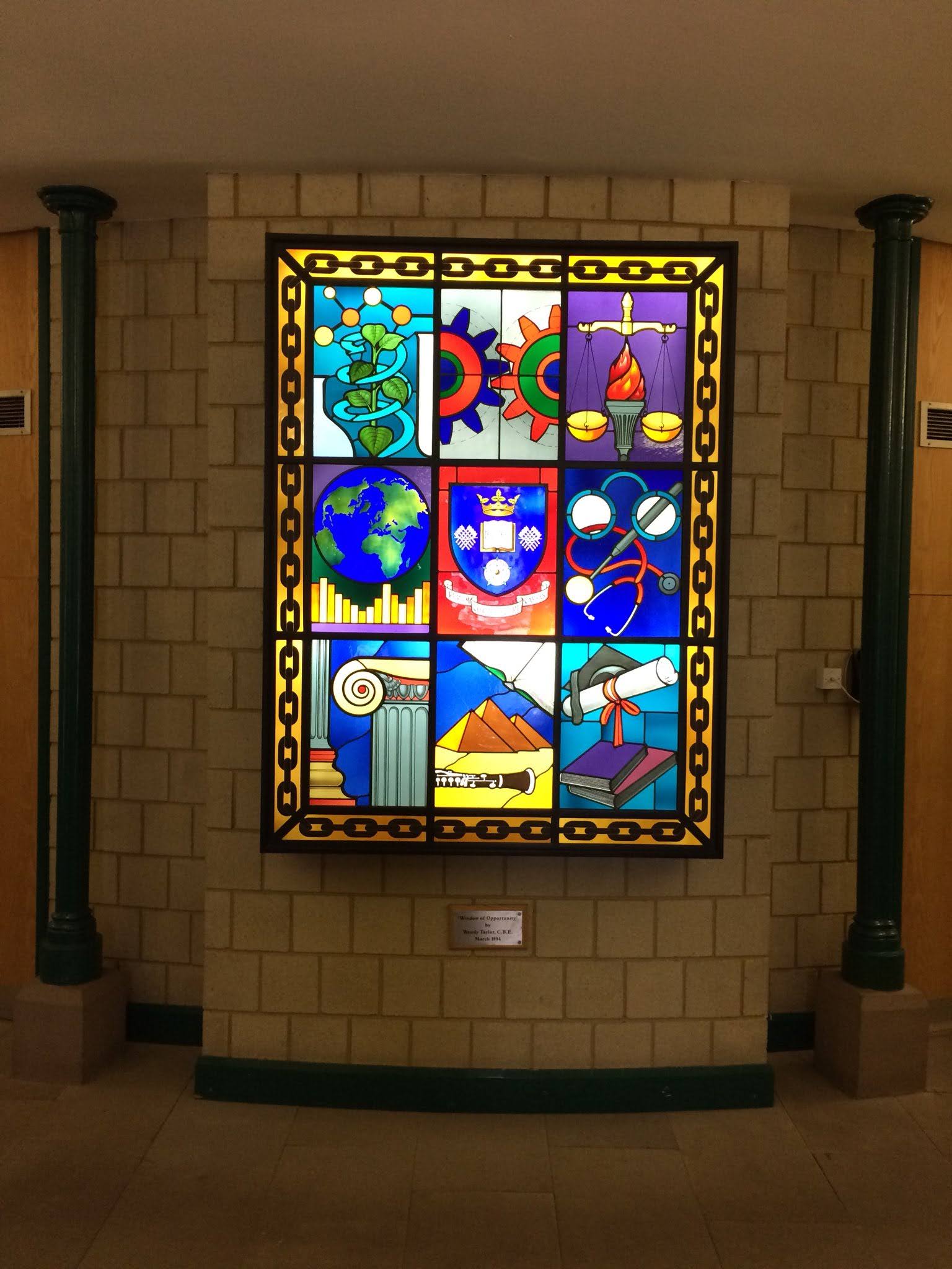 photo of stained glass window at lovelace venue in sheffield uni