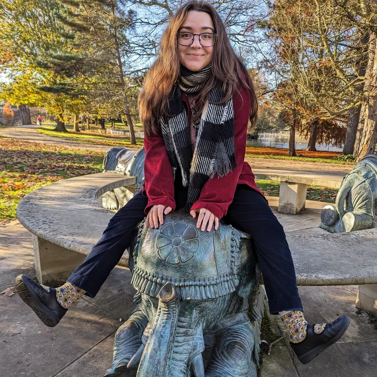 me sitting on an elephant bench in royal Leamington Spa